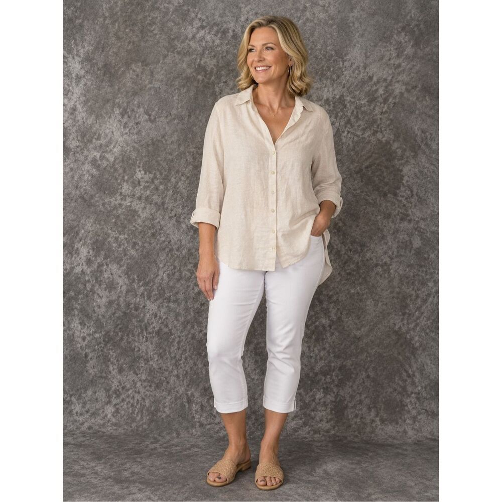 Chicos women’s size 2 (12) 100%  Linen Beige Top 3/4 sleeve #782